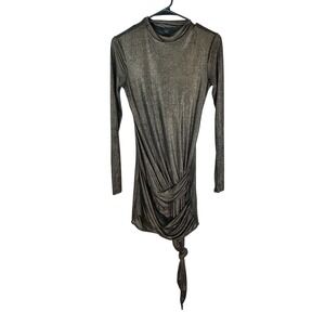 Hours Boutique‎ Women' S Gold Metallic Shimmer Ruched Tie-Hem Long Sleeve Dress